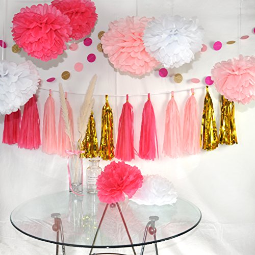 Himeland 22 Stück Pompoms Set, Papierblume mit Quaste und Girlande, Pompon Dekoration für Hochzeit/Baby-Dusche/ Geburtstagsfeier/Baumschulen-Dekoration - 5