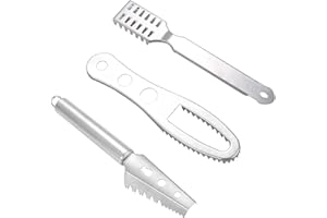 Heiqlay Squamatore Pesce Professionale, 3 Pezzi Raschietto per Squame di Pesce in Acciaio Inox, Desquamatore Pesce con Manico Lungo Design a Dente di Sega, per Cucinare e la Pulizia
