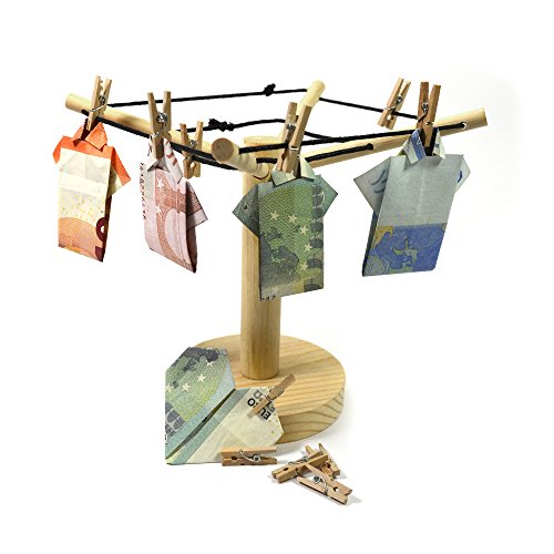 Frau Wundervoll Geldgeschenk Holz Wäschespinne mit 12 Miniklammern aus Holz / Geldwäschespinne aus Holz / Geld- und Fotowäschespinne
