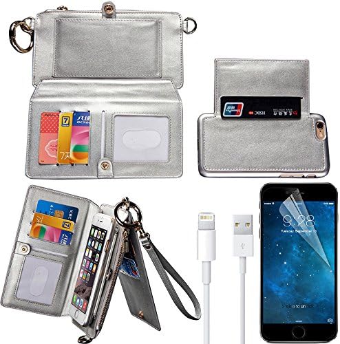 iPhone X 5.8" Case Wallet, Bonice PU Leather Zipper Flip Case Pouch Holster 3 in 1 Women Phone Wallet Purse Handbag Clutch Crossbody Bag Multi Card Slots Driving Licence ID Holder Multifunctional Protective Silicone Gel Magnetic Detachable Case Cover + HD Screen Protector + Lighting Charging USB Cable + Wrist Lanyard + Removable Shoulder Strap - Silver