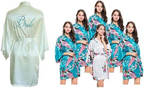 Set of 7 Satin Kimono Dressing Gowns/Robes- 1 Ivory Embroidered Bride & 6 Peacock Design, Wedding Gift/Favour for Bride & Bridesmaid