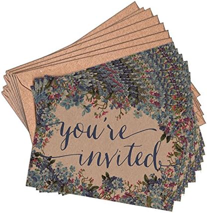 (Pack of 10) Floral Blue Wedding Rustic Forget-me-not Blank Invitations and Kraft Envelopes A6 Wedding Party baby Shower