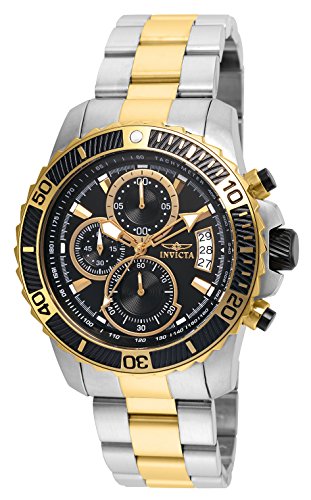INVICTA Pro Diver Men's Quartz Watch with Black Dial Chronograph Display and Two Tone Stainless Steel Gold Plated Bracelet - 22418