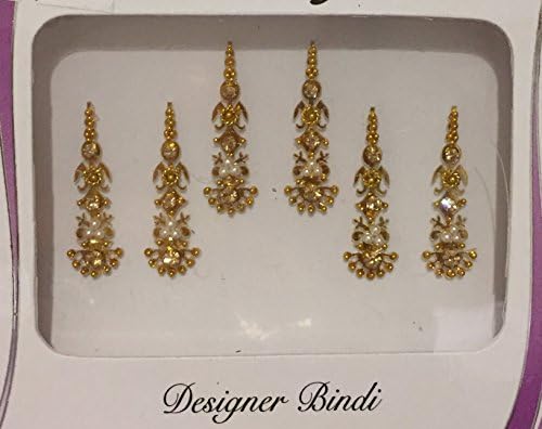 BDS655_Gol: Mehya's Designer Pack of Gold Bindi with Silver and Gold crystal, Gold Pearl Beads and Gold Threading Bindis, Chandla, Tattoo, Body Art, Decor, Card Marking, Bollywood Accessory, Tikka, face makeup