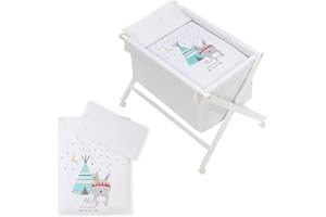 Danielstore Minicuna Plegable | 90x55x72 cm, Madera lacada, colchón Incluido | Ruedas con Freno, Textil algodón, fácil Montaje | Confort y Seguridad para bebé (Tipi Oso Blanco)