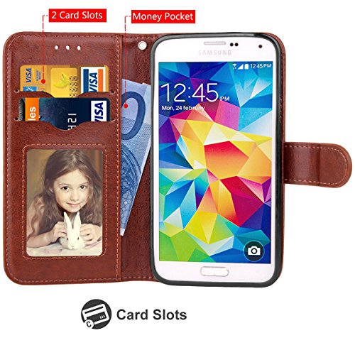 Galaxy S5 Hülle, S5 Hülle, LANOU Ledertasche im Bookstyle Handyhülle mit Ständer + Kartenfach PU-Leder Tasche Flip Handys Case Multifunktionale Brieftasche Etui Schutz Hülle für Samsung Galaxy S5 / i9600 (Kaffee Braun) - 2