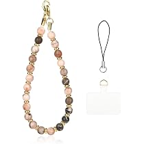 Dragonne Téléphone Double Chaîne Perles + Cuir Métallique - Anti-perte, Avec 2 Patchs Adhésifs, Pour Coque, Sac, Clés - 7