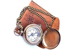 Nautical Replica Hub Handmade Brass Push Open Compass On Chain with Leather Case