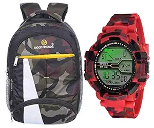 Good Friends Waterproof, Laptop College Canvas Polyester School Bag for Boys + Digital Watches Combo (Military + Red Black)