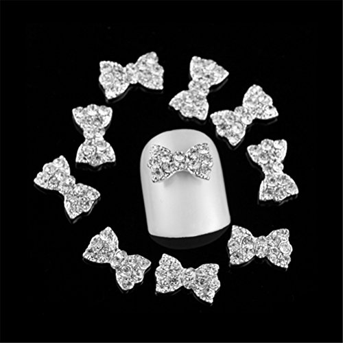 SONGQEE(TM) 10Pcs 3D Silver Alloy Rhinestones Butterfly Knot Style Five Nail Art Slices Glitters