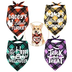 Whaline 4 Pack Fall Dog Bandanas Halloween Triangle Bibs Green Purple Orange Yellow Black Plaid Dog Scarf Reversible Pet Neckerchief for Small Medium Large Pet Cat Dog Thanksgiving Costume Accessories