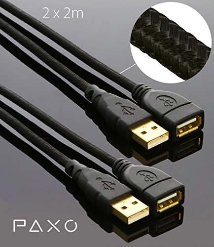 2 x 2m Nylon USB Verlängerung schwarz, A-A / USB Verlängerungskabel, Goldstecker, geflochtenes Kabel (braided), mit Kabelklett