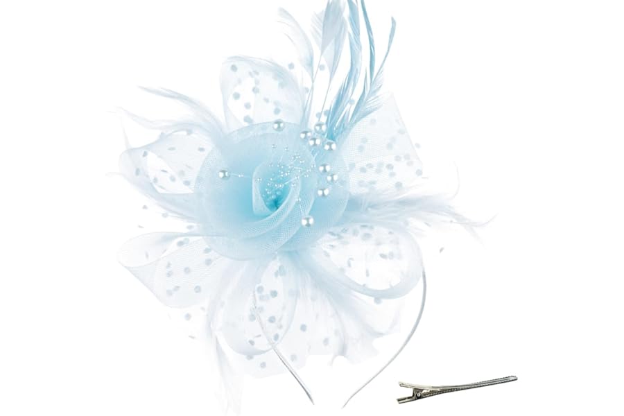 DRESHOW Fascinators Hat Flower Mesh Ribbons Feathers on a Headband and a Forked Clip Cocktail Tea Party Headwear for Girls and Women