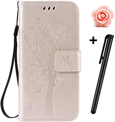 iPhone SE Wallet Case,Tebeyy Slim Premium [Leather Wallet],Flip Book Cover with Kickstand,[Magnetic Closure],[Card Slots],for Apple iPhone 5/5S/5SE,Retro Elegant Pressed Tree Cat Butterfly Design with Strap Genuine Folio Pu Leather Pouch Protective Case Cover for Apple iPhone 5/5S/5SE+Free Flower Dust Plug+Free Stylus-Tree,Gold