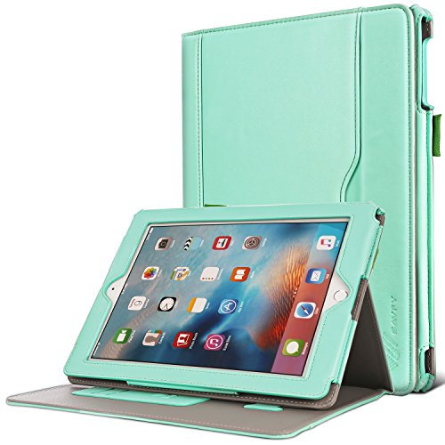 SAVFY iPad 2/3/4 Hülle Auto Sleep Wake up Funktion Business Serie Case Smart Cover mit Klettverschluss Handschlaufe, Kartensteckplätze Mintgrün