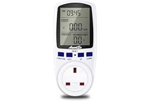 Awootsv Power Meter Socket Dual Tariff Smart Meter Energy Monitor Plug Rechargable with LCD Display UK Plug, Electricity Usage Monitor Consumption Analyzer Voltage Amps Wattage KWH, Power Monitor Plug