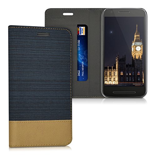 kwmobile Funda para Motorola Moto E3 - Carcasa de  Tela  y  Cuero sint  tico  - Case con  Soporte  en  Azul Oscuro marr  n 