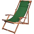 CASARIA® Folding Wooden Deck Chair with Armrests and Neck Pillow | Solid Acacia Wood Frame | Resilient 160kg Capacity | Foldable Adjustable Headrest Breathable Garden Sun Lounger Green
