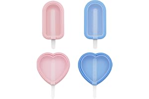 WPNCYK 4Pcs Ice Lolly Moulds, Reusable Silicone Mould with Sticks, Easy to Use Ice Pop Mould Ideal for Homemade Desserts (Heart and Long Shape Moulds in Pink and Blue)