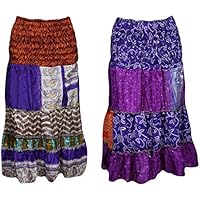 Mogul Interior 2pcs Women's 2 in 1 Strapless Tube Dress Skirt Silk Sari Casual Gypsy Chic S/M