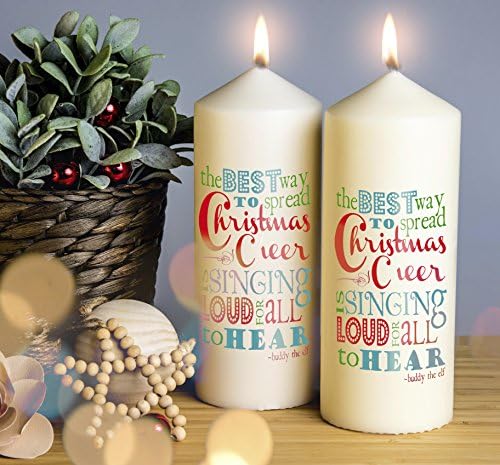 Buddy The Elf Christmas Candle.Pillar Candle. 2 Sizes available Handmade and Handprinted. 1 Candle included. Image shows front and back of candle.