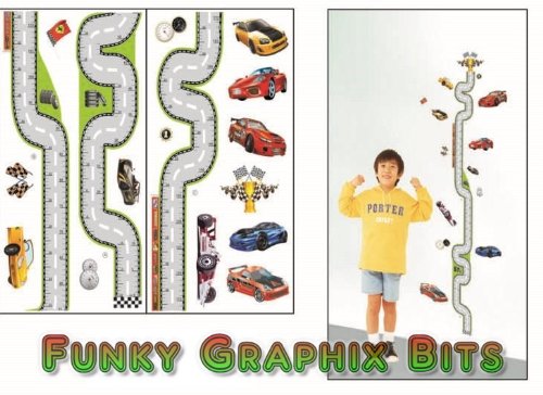 KIDS GROWTH CHART HEIGHT MEASURE WALL STICKERS CHILDREN KID'S BEDROOM CARS Boys Girls Wall Decoration (2 sheets in 1 set)