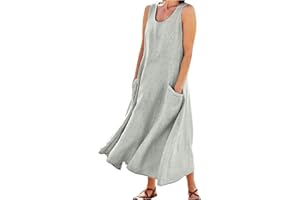 AMDOLE Womens Solid Color Round Neck Pockets Casual Long Dress Daily Tank Dress Women Outfits for Summer