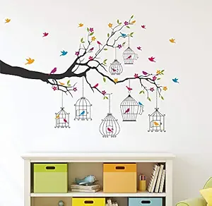 Amazon Brand - Solimo PVC Vinyl Wall Sticker for Living Room (Birdie House, Ideal Size on Wall - 133 cm x 90 cm), Multicolour