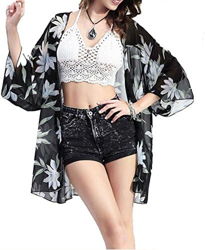 Beach Cover Up,Floral Printed Women Swimwear Beachwear Swimsuit Beach Dress,Black Loose Bohemian Chiffon Kimono Cardigan Bikini Covers Up,One Size