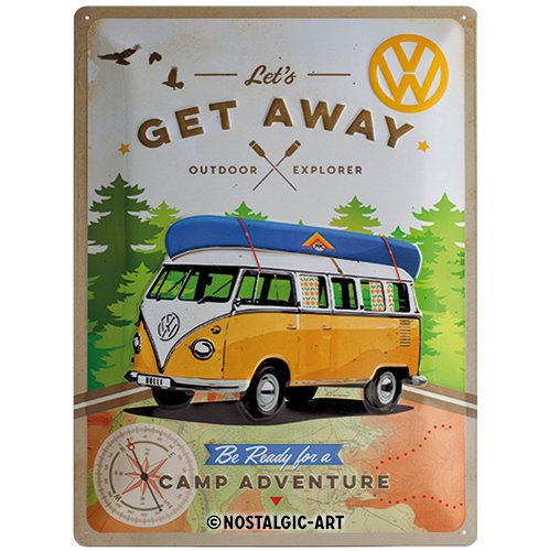 Nostalgic-Art VW Bulli Let's Get Away Placa Decorativa, Metal, Amarillo y Azul, 30 x 40 cm