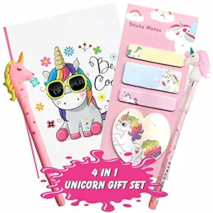 INDIKONB 4 in 1 Unicorn Gifts for Girls | Unicorn Theme Birthday gift for kids Age 6-8 years , 10-12 year old | Unicorn Diary , Sticky Notes , Pencil , Pen for Birthday and Return Gifts