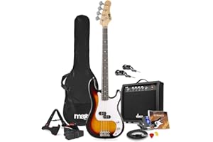 MAX GigKit Bassgitarre Set, Inkl. Sender & Empfänger, E Bass Gitarre, Bass Guitar mit Gitarrenverstärker, Tasche, Stimmgerät, Plektren, Ständer, Gurt, Kabel und Ersatzsaiten - 21 Bünde - Sunburst
