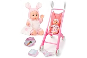 PLAYFULBAY Baby Doll Stroller Set with Adorable Bunny Outfit & More Accessories, Safe Durable Design for Imaginative Play, for Toddlers Ages 3+