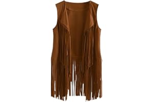 BrightGlow Chaleco con flecos para mujer, chaleco sin mangas, estilo vintage, hippie, chaleco largo con borlas, chaleco hippie, chaleco para mujer, disfraz hippie, talla S