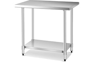‎COSTWAY COSTWAY Edelstahl Küchentisch mit höhenverstellbarem Ablage, Arbeitstisch Gastro Tisch Edelstahltisch Zubereitungstisch mit Zwischenbord (92x61x90cm)