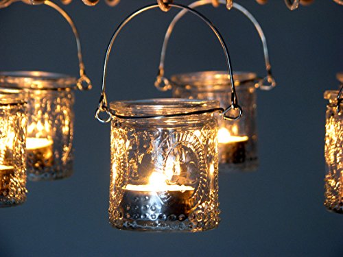 Windlicht, Gartenlaterne, Hängeleuchter, Kerzenhalter, Nostalgie-Kerzenleuchter „Lilie“, Metall Weiss gewischt im Shabby-Used-Look, Ø 36 cm und 6 Teelichthaltern. - 4
