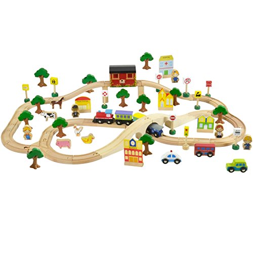 Wooden Railway Train Set - 80 Pieces with Play Accessories