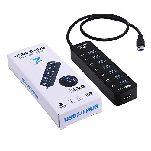 KYG USB 3.0 Hub 7 Ports mit Ladport(Max. 2,4A) mit 60cm USB 3.0 Kabel, Highspeed Datenports mit 7 LED Ein Aus Schalter(Schwarz) - 7