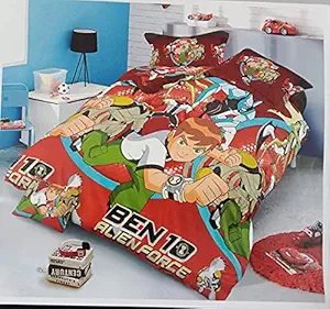 MostlyHomely Cartoon Character Ben Ten Design for Kids Double Bed Queen Size 90 X 100 inch Queen/King Size Pure Glace Cotton bedsheet Set for Kids with Two Pillow Covers