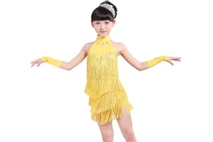 Yuluo Nappa Latino Danza Abito Ragazze - Bambini Samba Rumba Tango Salsa Sala da Ballo Costumi Gonna Senza Maniche Nappa Cha Cha