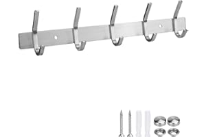 MaoXinTek Coat Hook Wall Mounted & Self Adhesive Stainless Steel Hanger Rail with 5 Hooks for Bathroom Kitchen