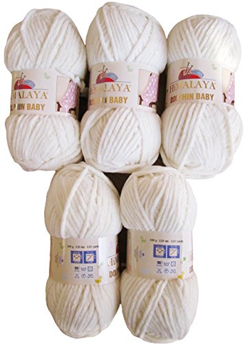 5 x 100 g super weiche und super bulky Himalaya Dolphin Baby 80301weiß Farbe, Wolle zum stricken und häkeln