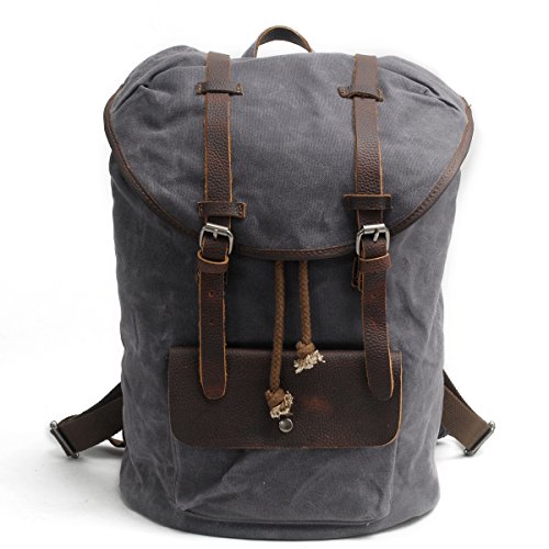 Y-DOUBLE Wasserdicht Wasserabweisend leinwand Fashion Segeltuch Leder Canvas Vintage-Stil Unisex Junge Reisetasche Wandertasche 15 inch Laptop Rucksack für Studenten Freizeit