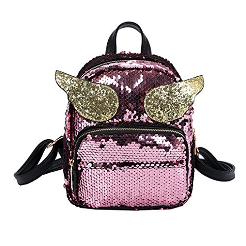 Preisvergleich Produktbild Mädchen Pailletten Laser Leder Schultasche VENMO Umhängetasche Damen Umhängetasche Frauen Schule Stil Pailletten Reisetasche Schultasche Rucksack Tasche Frau Pailletten Rucksack College mode (Pink)