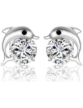 Besflily Damen Mädchen Kristall Delphin Bolzen Ohrringe Zirkonia Silber Plattiert Ohrringe Hypoallergen mit Geschenkbox