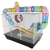 Pawhut Cage pour Hamsters Souris Petits rongeurs 2 étages 2 échelles Tunnels maisonnette Roue 62L x 29l x 52H cm Acier Blanc PVC Noir