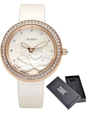 JSDDE Uhren,Fashion Damen-Armbanduhr mit Strass Relief Lotosblume Armbanduhr Rosegold Annalog Quarzuhr,Weiss