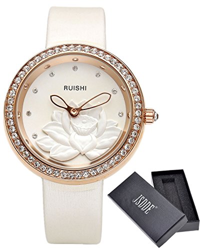 JSDDE Uhren,Fashion Damen-Armbanduhr mit Strass Relief Lotosblume Armbanduhr Rosegold Annalog Quarzuhr,Weiss JSDDE Uhren,Fashion Damen-Armbanduhr mit Strass Relief Lotosblume Armbanduhr Rosegold Annalog Quarzuhr,Weiss