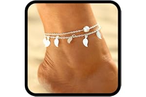 Handcess, Cavigliera doppia in stile stravagante con ciondoli a forma di foglie e perline, per donne e ragazze