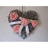 Weidenherz, Türkranz mit rosa/weißen Stoffblumen im Shabby-Chic-Stil, Landhaus